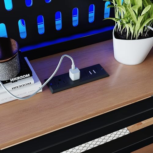 KEIKI Queen Metal Loft Bed with Shelves, Pegboard, USB Ports and LED Lights - Image 6