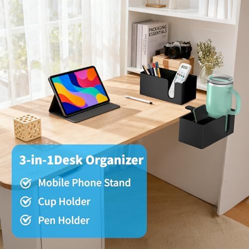 OOKUU 3-in-1 Desk Organizer - Large Desk Cup Holder Clamp, Pencil Holder and Phone Stand - Detachable Anti-Spill Table Cup Holder, Office & PC Gaming Desk Accessories for Cup, Phone and Pen (Black) - Image 3