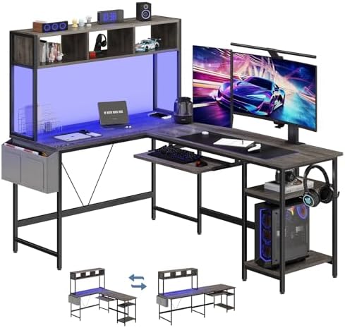 DUMOS 67" L Shaped Gaming Desk, Reversible Computer Desks with LED Lighting, Corner Desk for Compact Spaces with Keyboard Tray & Storage Shelf, Metal Frame PC Gaming Table for Home Office, Gray by DumosLifestyle