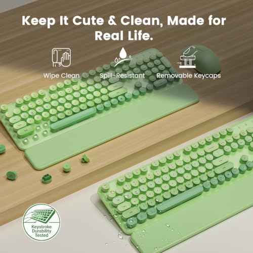 Wireless Keyboard and Mouse Combo, Magnetic Soft-Touch Wrist Rest, Round Keycaps, Full-Size Retro Typewriter Keyboard, 2-Stage Tilt Legs, Auto Sleep, 2.4GHz Cordless for Windows PC (Green Ombre) - Image 4
