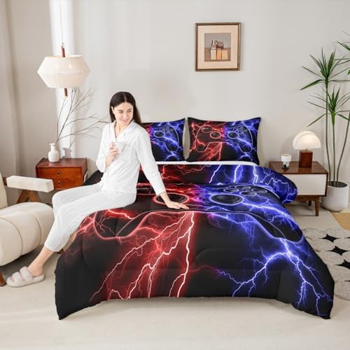 Erosebridal Gaming Comforter Set Gamer Girl Toddler Bedding Set, Video Game Consoles Comforter Red Blue Lightning Quilt,Gaming Decor for Boys Bedroom - Image 3