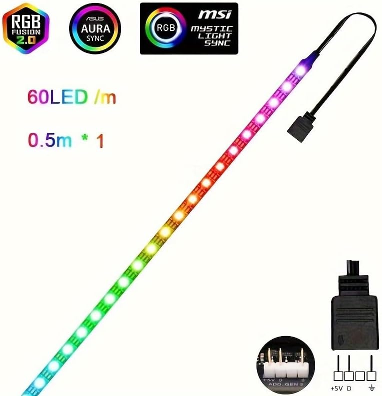 RGB Strip Light for PC Case, 19.7in 30LEDs Addressable LED Strip for Motherboard 5V 3-Pin Header Gaming Case DIY Lighting - Image 6