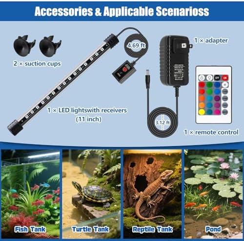 LED Aquarium Light with IP68 Waterproof and Memory Function Submersible Fish Tank Light with Remote and 16 Colors 11 Inches Brightness Adjustable Underwater Light Bar for Fish Tank Aquarium - Image 7