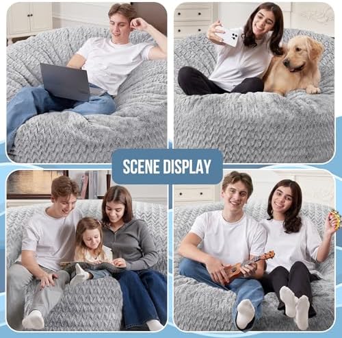 5FT Bean Bag Chair,Giant Bean Bag Chairs for Adults,Big Bean Bags with Memory Foam Filled, Large Beanbag Chairs with Chevron Plush Cover-Light Grey - Image 3