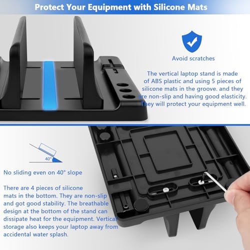 Vertical Laptop Stand Holder, ABS Organizer with Adjustable Dock, 3/4 in 1 Design Extra Storage Space-Saving, Sturdy Laptop Computer Holder for PC, MacBook, Mini PC, iPad (Black, 1 Slot) - Image 5