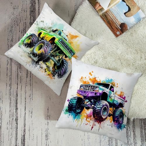 Boys Bedroom Cool Monster Truck Pillow Cover 18x18 Set of 4, Hot Wheel Vehicle Throw Pillow Cover Sofa Couch Bedding Decorative Soft Trucks Cushion Case Toddler Kids Playroom Cave Home Decoration - Image 3