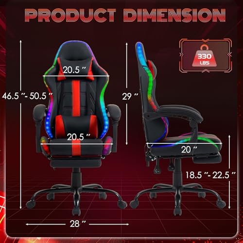 ECOTOUGE Gaming Chair, Massage Computer Chair with Footrest, RGB Red | Premium PU Leather; Ergonomic Massage Lumbar; 90-135° Recline; Height Adjustable; Retractable Footrest; 330Lbs Steel Frame - Image 3