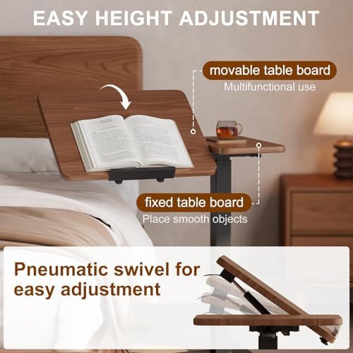Solid Wood Overbed Bedside Table with Wheels, Tilting Adjustable Hospital Bed Table Over The Bed, Medical Mobile Laptop Stand, Rolling Standing Desk for Hospital and Home Use(Walnut) - Image 5