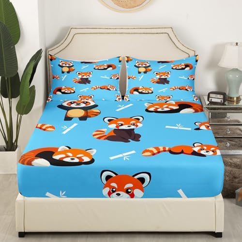 Erosebridal Red Panda Sheet Set Kawaii Fitted Sheet Full Size Cute Animal Pattern Flat Sheet for Kids Boys Girls Cartoon Panda Printed Bed Sheet Set Wildlife Style Top Sheet Child Bedroom Decor Blue - Image 4