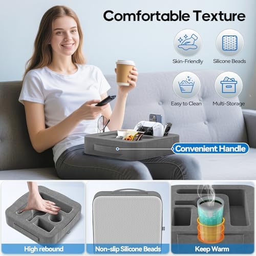 Couch Cup Holder Pillow, Sofa and Bed Caddy for iPad, Kindle, Switch, Game Controller, Remotes, Phones, Small-Sized Cup and Drink Holder for Couch, Bed, Desk, Car, Bathroom Cup Holder, Deep Gray - Image 5