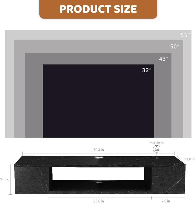 GHC Floating TV Stand, Wall Mounted Entertainment Center and Cabinet Shelf, TV Console with Storage, Media Console for DVD Player, Space-Saving Under TV Shelf for Bedroom, Living Room (Black Marble) - Image 2