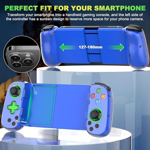 Phone Game Controller for iPhone 17/Android/PC/Switch, Play COD, Genshin,Support Streaming on PS5/Xbox/PC Console, Cloud Gaming Wireless Gamepad Joystick, Turbo/6-Axis Gyro/Dual Motor, Green Light, Blue - Image 7