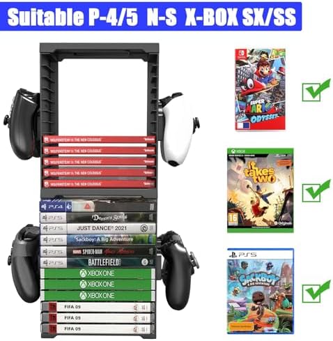 SIKEMAY Game Storage Tower for PS5/PS4/Xbox Series S & X - Universal Video Game Disc Organizer with 24 PCS Holders, 4 Controller Slots & Stand Rack Accessories - Black - Image 4