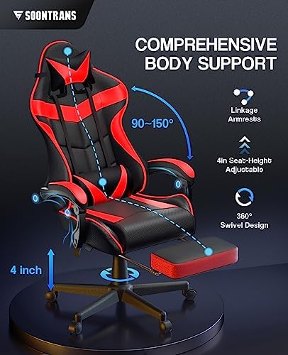 Soontrans Red Gaming Chairs with Footrest,Racing Gaming Chair,Computer Gamer Chair,Ergonomic Game Chair with Adjustable Headrest and Lumbar Support - Image 6