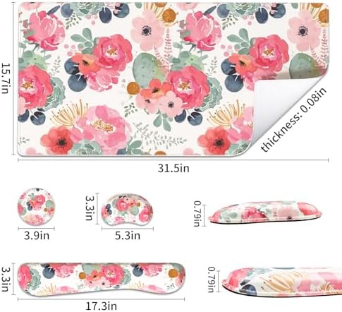 QiyI PU Leather Desk Mat Set, 4-in-1 Ergonomic Wrist Rest, Pink Flowers - Image 3