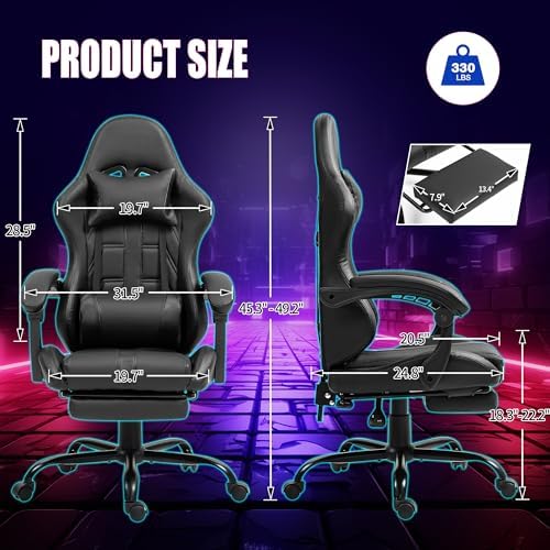 ECOTOUGE Massage Gaming Chair with Footrest & Lumbar Support, Black | Premium PU Leather; Ergonomic Massage Lumbar; 90-135° Recline; Height Adjustable; Retractable Footrest; 330Lbs Steel Frame - Image 3