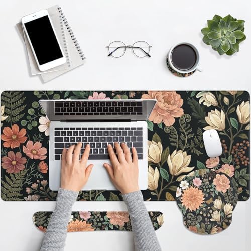 Arttown Keyboard Mouse Pad Set, 4 in 1 Desk Mat Set Floral Spring - Image 7