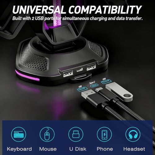 RGB Headset Stand with 9 Light Modes and 2 USB Charging Ports - Controller Holder for Desk - Headphone Stand & Detachable Controller Hook for PC Earphone Gaming Room Setup Accessories - Image 5