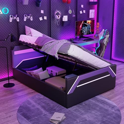 Merax Queen Size Gaming Bed with Built-in 7-Color LED Lighting Headboard, Side-Lift Hydraulic Storage Platform Bed, Cyberpunk Style, No Box Spring Needed, Black+Purple - Image 4
