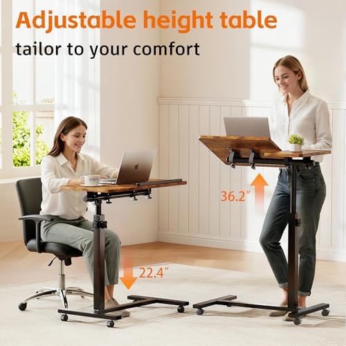 LINGMI Overbed Bedside Desk Mobile Rolling Laptop Stand Tilting Overbed Table with Wheels Height Adjustable Tray Table for Laptop Bed Sofa Side Table - Image 4