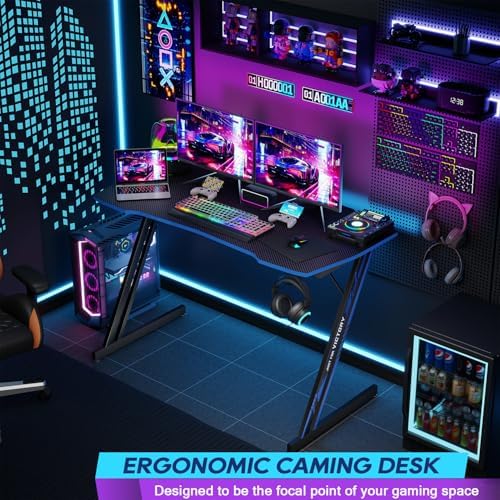 BestOffice Gaming Desk Z Shaped 47 inch PC Computer Desk Computer Workstation Ergonomic Gaming Table with Headphone Hook for Game Players, Black&Blue - Image 4