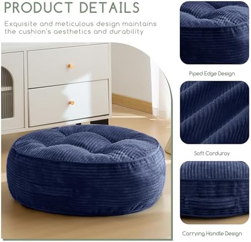 HIGOGOGO 8" Extra Thick Floor Pillow Cushion for Adults, Meditation Cushion Pillow, Large Round Floor Sitting, Tufted Corduroy Cover, for Tatami Living Room or Yoga, 22x22 Inch, 2Pack, Navy - Image 3