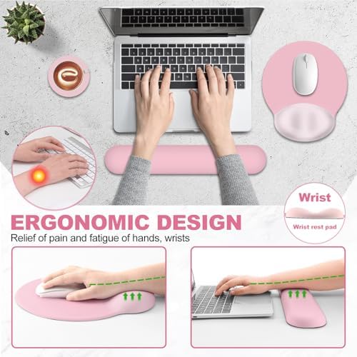AIMSA Mouse Pad with Wrist Rest Support, Keyboard Wrist Rest Set, Ergonomic Memory Foam Mousepad for Computer Keyboard, Easy Typing and Pain Relief, Pink - Image 3