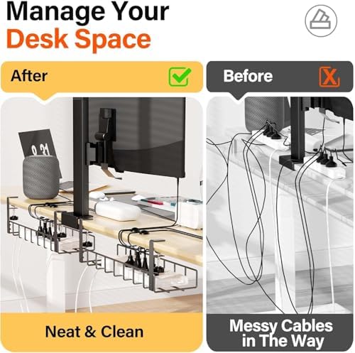 3 Pack Cable Management Under Desk Tray, 47.1" No Drill Under Desk Wire Management with Upgraded Clamp, Metal Cord Organizers with Cable Organizers, PC Cord Organization Rack, Black - Image 3