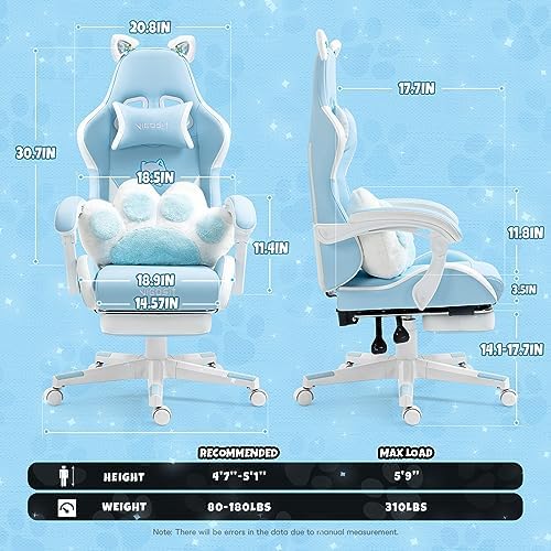 Vigosit Cat Ears Gaming Chair - Ergonomic PU Leather Office Chair, Cute Chair with Footrest for Adult 310lbs Capacity, 90°-155° Reclining paw Pillow, Blue - Image 2