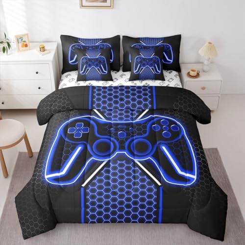 Feelyou Blue and Black Bedding Set Queen Size Gamer Comforter Set with Sheets 7 piece Game Controller Bed in a Bag Teens Decor Honeycomb Bed Set with Comforter,Sheets,Pillowcases & Cushion Covers - Image 3