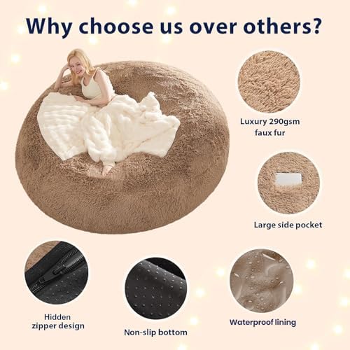 Fluffy Bean Bag for Stuffed Animals Storage, Faux Fur Washable Bean Bag Chair Cover(No Filler) for Textile Plush Toys, Beanbag Chair Cover for Adults Kids Teens, 5FT, Khaki - Image 4