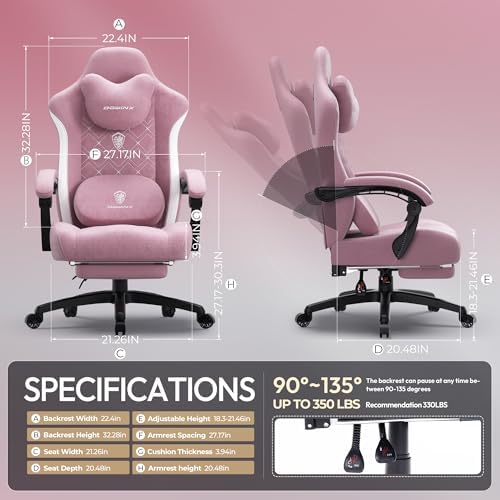 Dowinx Gaming Chair with Heated Massage Lumbar Support,Big and Tall Fabric Gaming Chairs for Adults with Footrest, Ergonomic Computer Game Chair with Poket Spring Cushions, 350lbs, Pink - Image 3