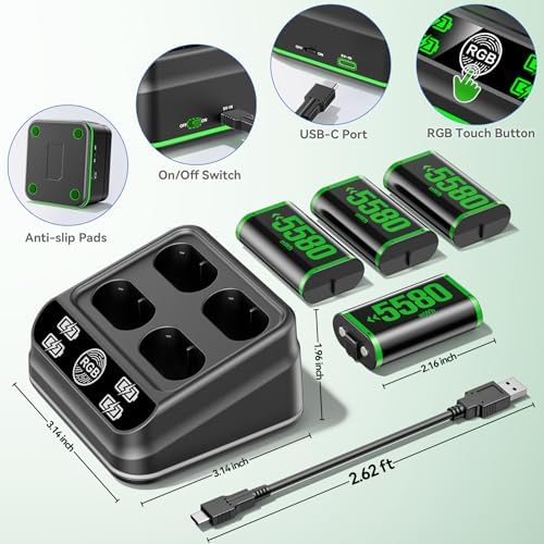 Rysker Charger with 4 x 5580mWh Rechargeable Battery Pack for X Box One X|S/Series X|S Controller, Rechargeable Batteries Charger Station for X Box One Accessories Cases & Storage - Image 6
