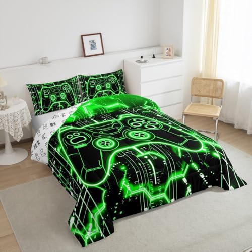 Feelyou Kids Green Gamer Comforter Set Full Size, Honeycomb Gaming Bedding Set Boys Girls Modern Game Console Comforter Game Teens Duvet Set Bedroom Decor 3Pcs - Image 5