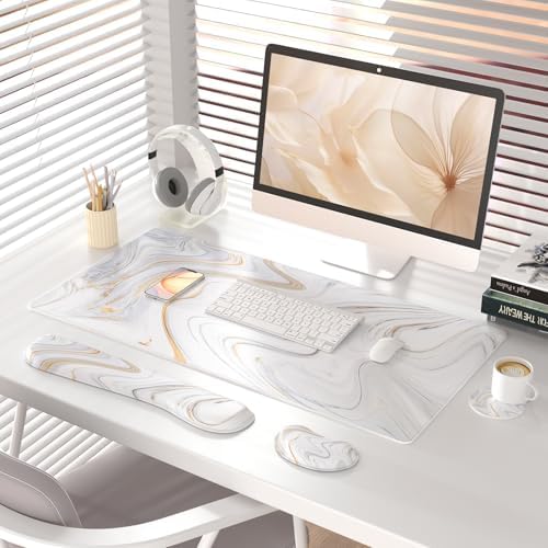 QiyI PU Leather Desk Mat Set, 4-in-1 Ergonomic Wrist Rest, Marble Stripes - Image 2
