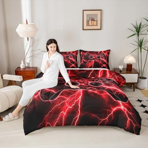 Erosebridal Gaming Comforter Set Gamer King Bedding Set, Retro Game Console Comforter Red Lightning Duvet Insert,Kids Bedroom Decor - Image 3