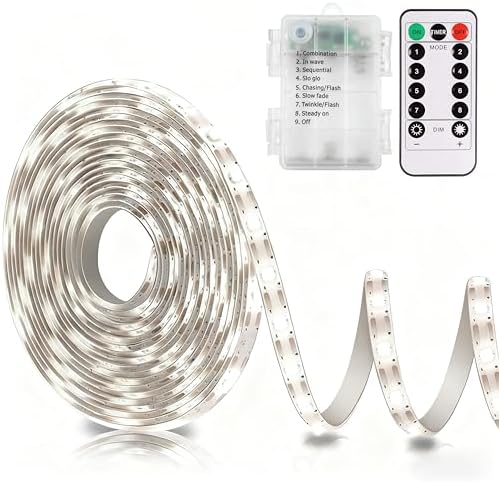 echosari Battery Operated Led Strip Lights White with Remote, 8 Modes, Dimmable, Timer, Self-Adhesive, Cuttable, for PC TV Kitchen Cabinet Shelves Bedroom Decor (3m 90LED) by echosari