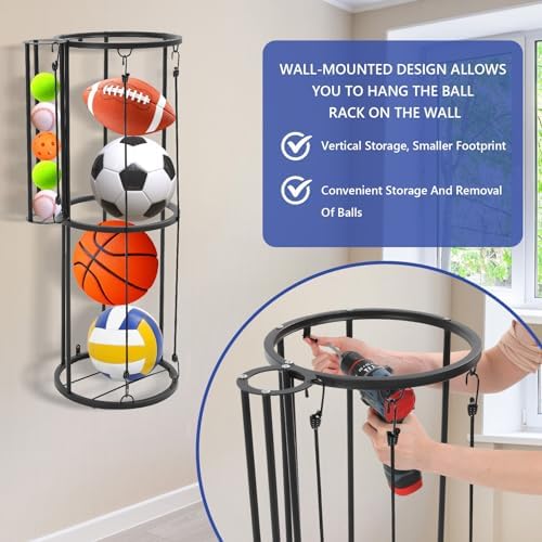 Garage Ball Storage Rack with Side Small Ball Basket, Holds 5 Balls - Image 4