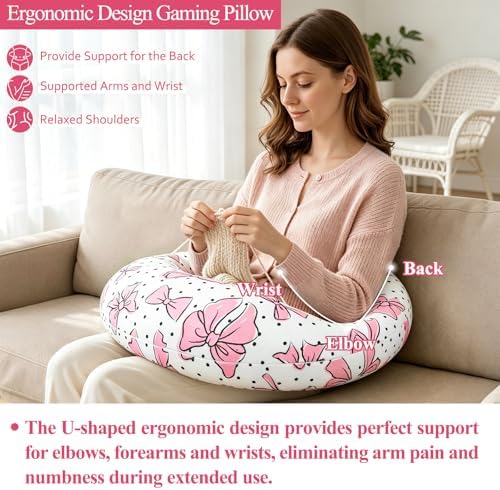 Ergonomic U-Shaped Gaming & Lap Pillow for Crocheting - Cute Pink Bow Crochet Pillow with Elbow & Arm Support, Lap Desk Pillows for Reading, Playing or Crocheting, Suitable for Adults - Image 4