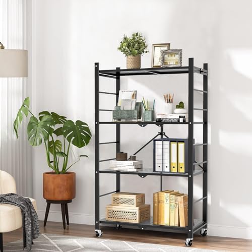 Himix 4-Tier Foldable Storage Shelf with Wheels 20 Hooks Black No Assembly - Image 2