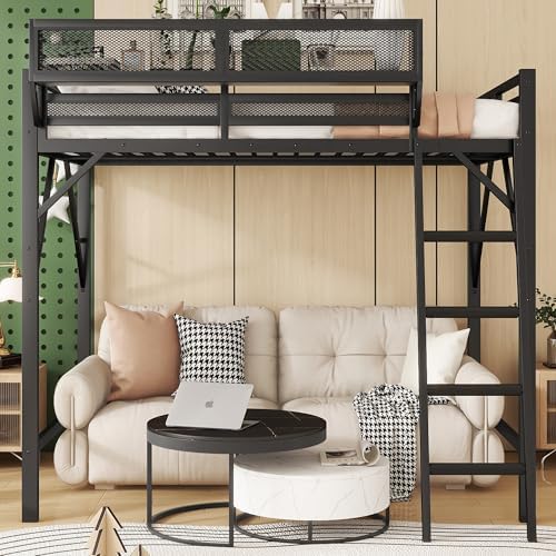 KEIKI Queen Size Metal Loft Bed Frame with Ladder and Built-in Storage Shelves, for Teens, Modern Style Loft Bed with Solid Slats, Guardrail, No Box Spring Required, Easy Assembly, for Bedroom, Black - Image 4