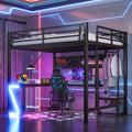 Bellemave Queen Size Metal Loft Bed with L-Shaped Desk, Z-Shaped LED Lights & Charging Station, Heavy Duty Loft Bed Frame with Hanging Rod for Kids, Teens & Adults, Space Saving,Black by Bellemave