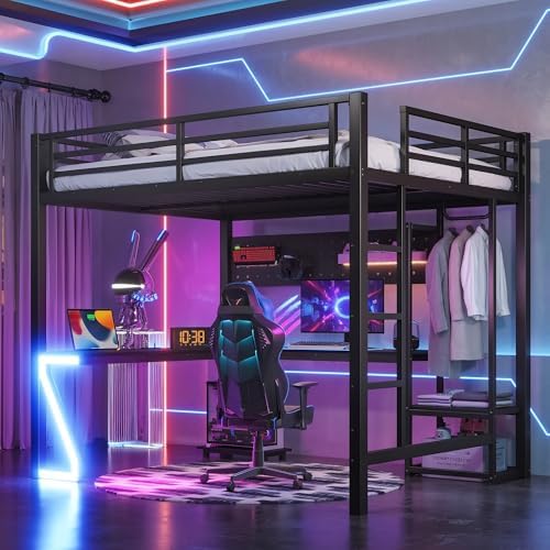 Bellemave Queen Size Metal Loft Bed with L-Shaped Desk, Z-Shaped LED Lights & Charging Station, Heavy Duty Loft Bed Frame with Hanging Rod for Kids, Teens & Adults, Space Saving,Black by Bellemave