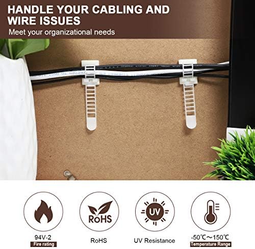 50Pcs Adhesive Cable Management Clips with 50Pcs Zip Ties, Adjustable Nylon Cable Strap Ties Wire Clips Clamps Organizer, Extra Screw & Hole - 3.55 Inch White - Image 2