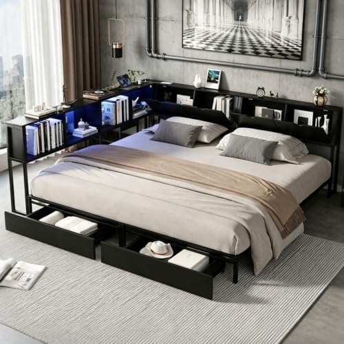 Black Corner Bed with Drawers, Bookcase, Light & Charging Station,Twin/Twin by Bellemave