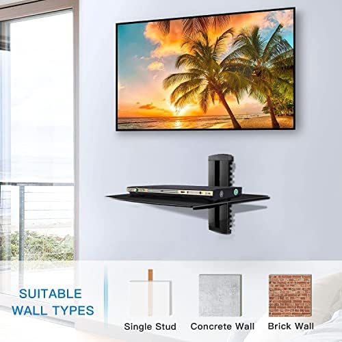 suptek Glass Floating Shelf, 1 Tier Media Shelf for TV Accessories, Flat Black Wall Mount Bracket, 17.6lbs Weight Capacity, Quick Installation, Cable Management, Custom Style, Backless - Image 4