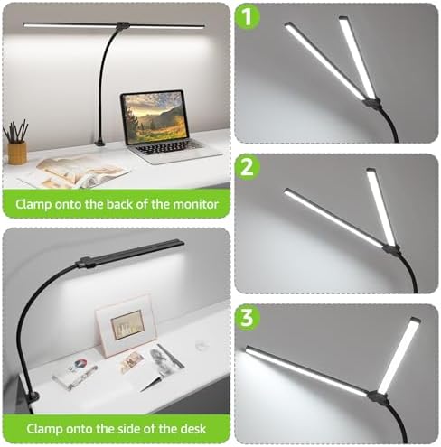 ShineTech LED Desk Lamp for Home Office, 3000K Warm White Double Head Architect Task Lamps with Clamp, Dimmable Adjustable Flexible, Black - Image 6