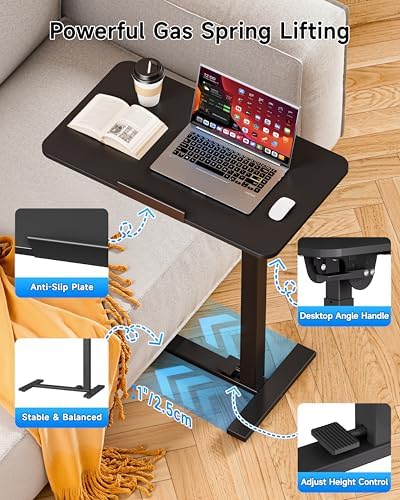 BIZUM Mobile Standing Desk Laptop Desk Pneumatic with Wheels 180° Tilt Top Hospital Bed Table Portable Rolling Cart Foldable Bedside Table for Hospital&Home Use, Black - Image 3
