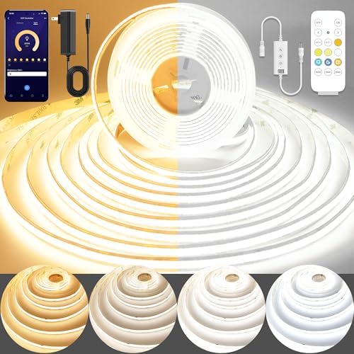 Pandery COB LED Strip Light,CCT Dimmable Strips Light,2700K-6500K,65ft/20m,8mm Wide,CRI90+ 24V LED Strips Kit with Bluetooth APP Control/Music Mode,for Bedroom,Kitchen,DIY Lighting by PanderyCOBLightUPYourLife