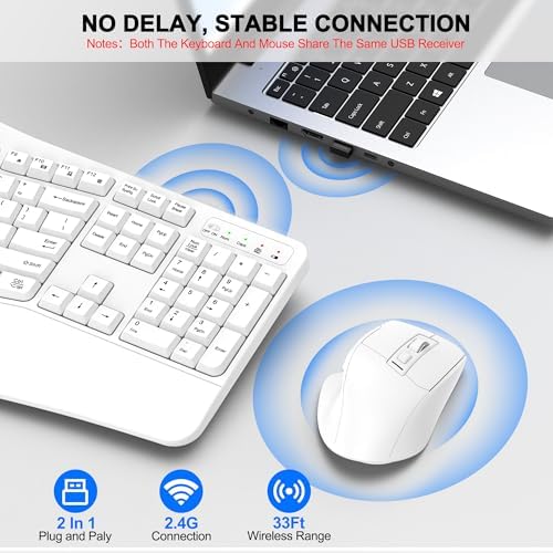 Wireless Keyboard and Mouse Combo, 2.4G Ergonomic Wave Keys(White) - Image 5